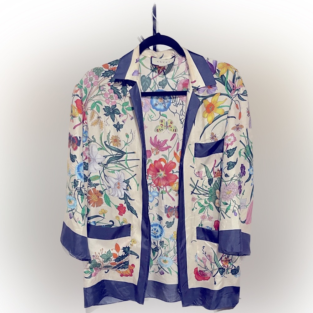 Floral Print Zip Front Silk Twill Visit Pajama Top